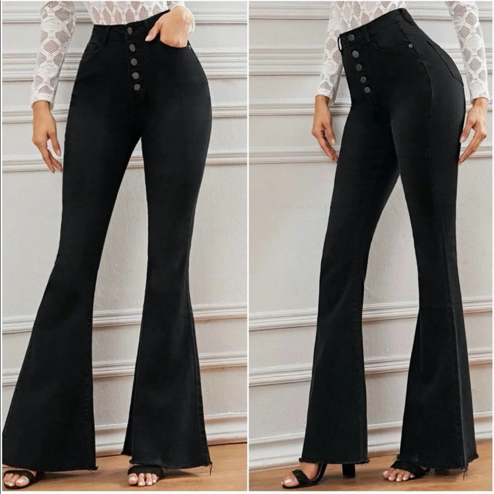 High Waisted Button Fitted Bell Bottom DARK BLUE